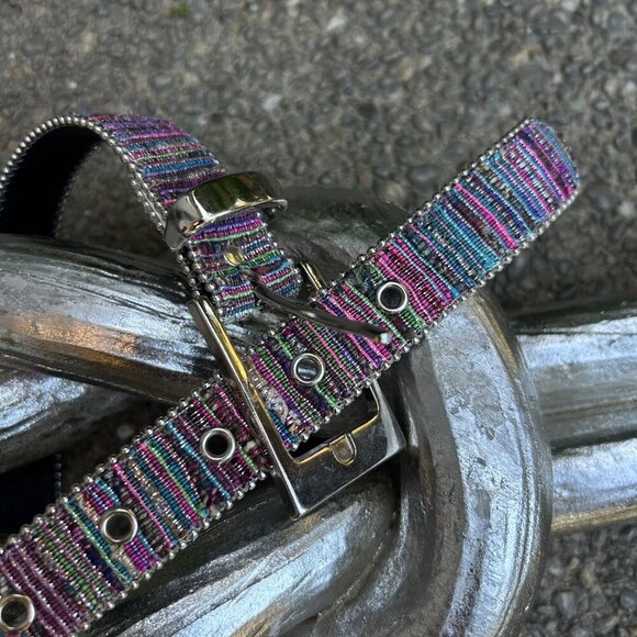 Vintage 70s 80s Rainbow Striped Embroidered Silver Beads Metallic Weave Belt - Picture 10 of 10